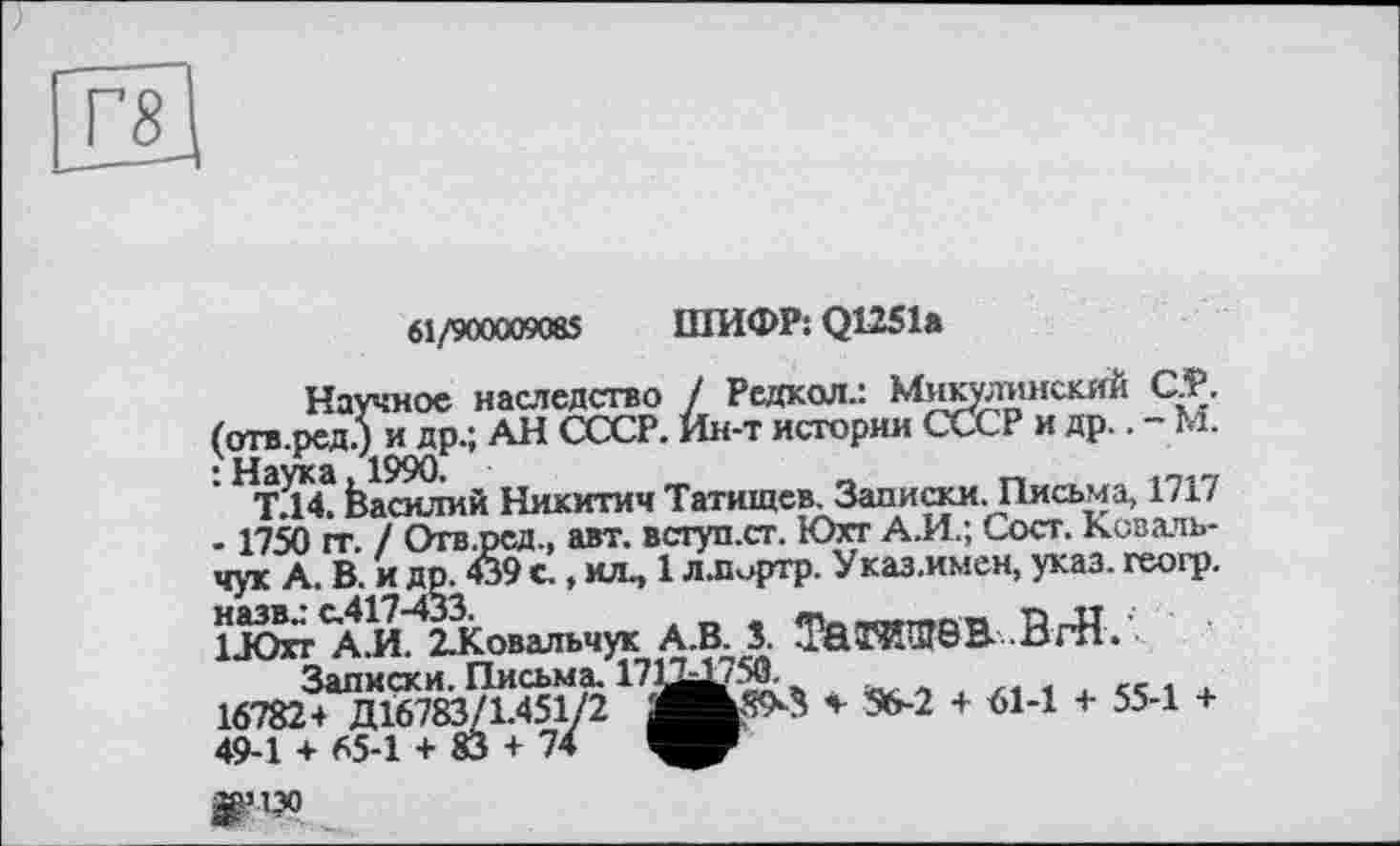 ﻿61/900009085 ШИФР: Q1251a
Научное наследство / Редкол.: Никулинский С.Р. (отв.ред.) и др.; АН СССР. Ин-т истории СССР и др.. - м.
Василий Никитич Татищев. Записки. Письма, 1717 - 1750 гг / Отв.ред., авт. вступ.ст. Юхт А.И.; Сост. Ковальчук А. В. и др. 439 с., ил., 1 ллортр. Указ.имсн, указ, геогр. 1ЛОгт<АИ^2.Ковальчук А.В. 3. ТйТОВВ. ВгН.
Записки. Письма. 1713^50.
16782+ ДЇ6783/1.451/2	* 56-2 + 61-1 +- 55-1 +
49-1 + 65-1 + 83 + 74
йР’130